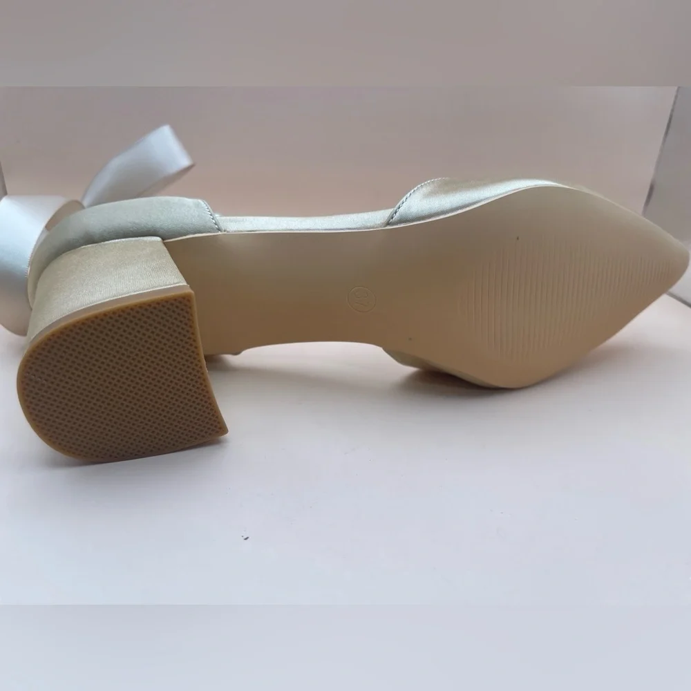 Champagne Satin Block Heels w/ Pearl Ankle Strap • EU 37 (US 6.5–7)
